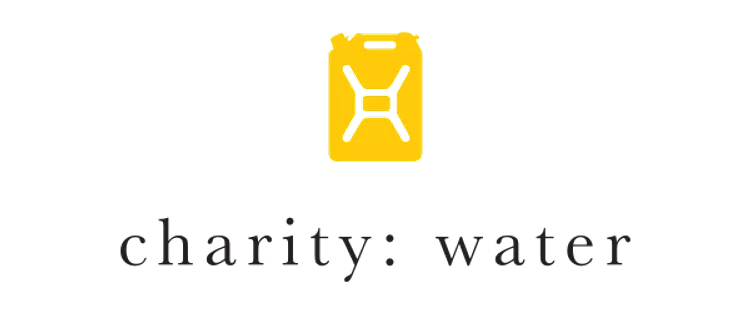 Charity: Water's nonprofit logo features a graphic that depicts a jug of water above their organization's name.